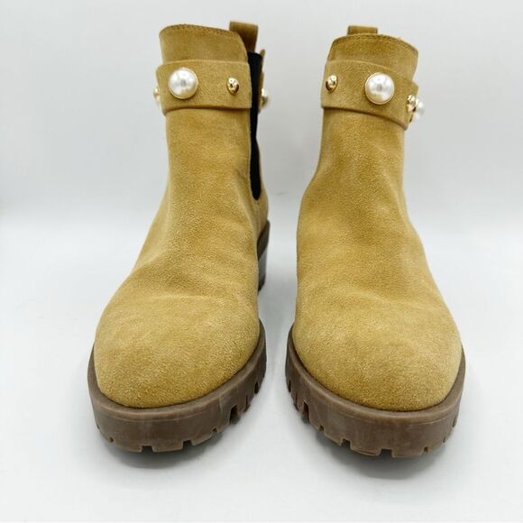 KARL LAGERFELD PARIS Tan Suede Pola Pearl Studded Chelsea Boots Lug Sole Sz 9M - Picture 7 of 14